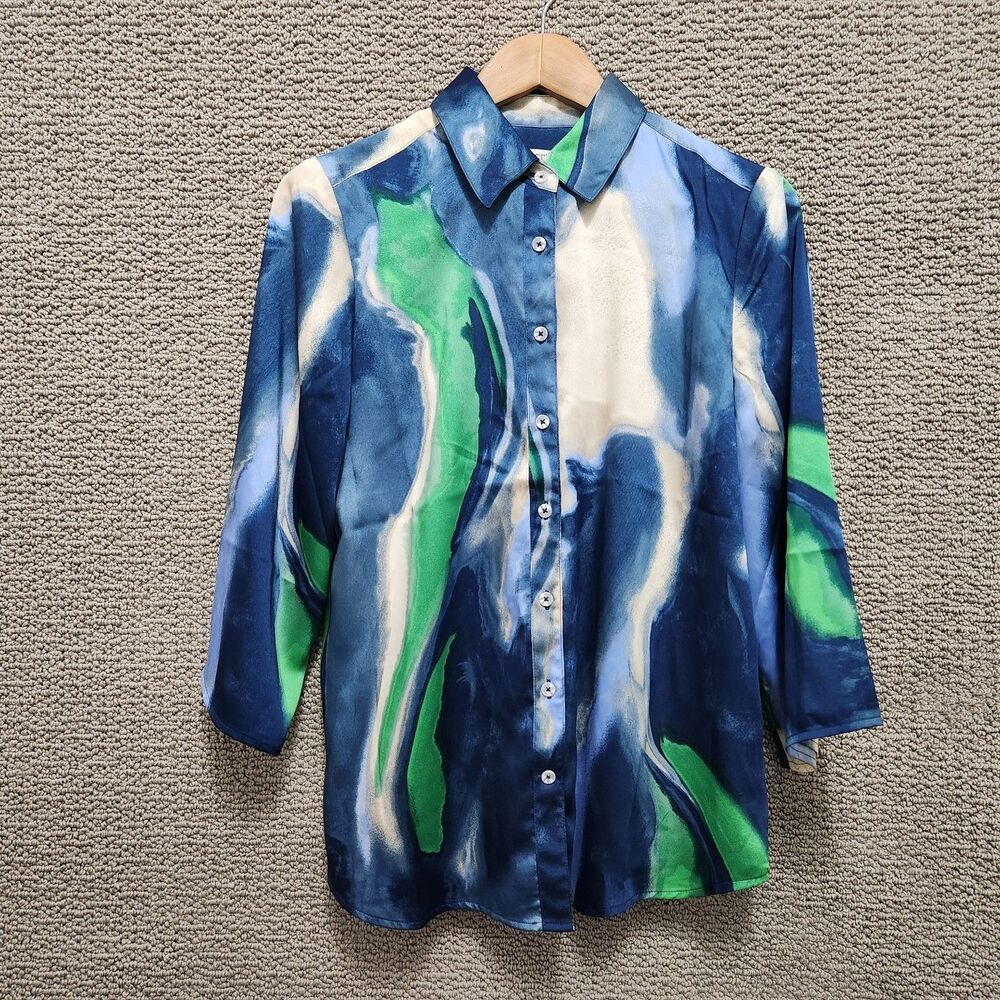 CHICO'S Women's Blue Green Abstract Print Button Front Blouse Size 1 (US 8)